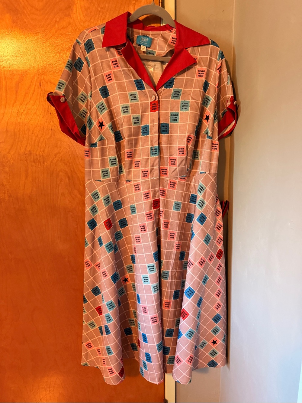 Hasbro Vintage-Inspired Scrabble Pink Grid Shirt Dress with Red Trim